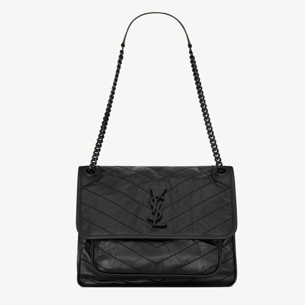 Yves Saint Laurent Black Chevron Shoulder Bag Medium Vintage Black Hardware